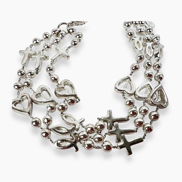 Premier Designs Bracelet Charms Christian Fish Heart Cross 3 Strand Silver Tone - Picture 3 of 7